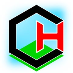 Hypergeum Logo - Letter H within a hypercube on a green floor